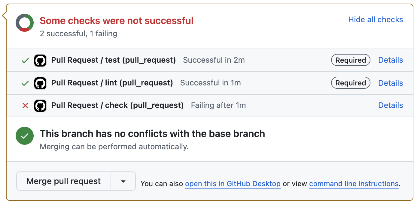 Automated checks with 2 passing required checks and 1 failing optional check.